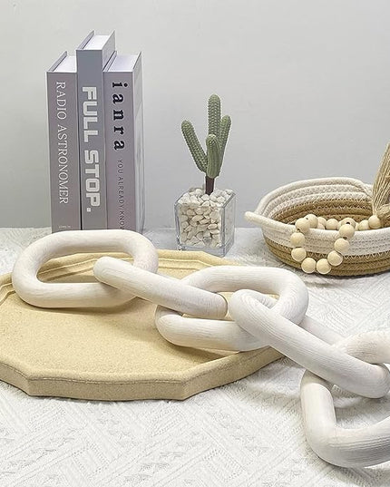 Wood Chain Link Decor | Hand Boho Carved Decor for Table, Shelf Decor Accents Rustic Farmhouse Aesthetic 5 Link Chain Knot Decor Home Living Room, Bedroom, Entryway Coffee Table Decor (White) - LeafyLoom