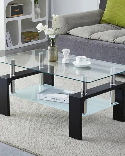 Coffee Table - Rectangle Glass Coffee Table with Simple and Classical Inspired Design, Easy Assembly for Modern Living, 39.5 * 23.5 * 17.5 inches (Black) - LeafyLoom