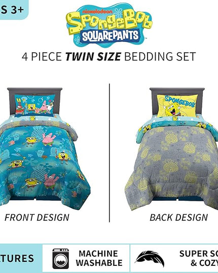 Franco Kids Bedding Super Soft Comforter and Sheet Set, 4 Piece Twin Size, Spongebob - LeafyLoom