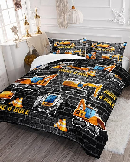 Axolotl Excavator Bedding Set Full Size,Yellow Excavator Bed Comforter for Kids Boys Teens,Tractor Truck Bedding Set for Boys,Construction Bedding Set for Boys,1 Quilt 2 Pillowcases,Deep Grey - LeafyLoom