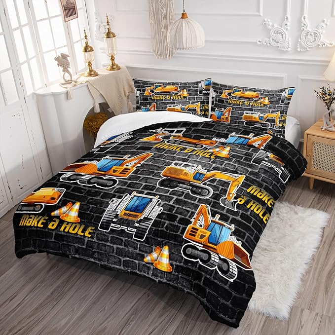 Axolotl Excavator Bedding Set Twin Size,Yellow Excavator Bed Comforter for Kids Boys Teens,Tractor Truck Bedding Set for Boys,Construction Bedding Set for Boys,1 Quilt 2 Pillowcases,Deep Grey - LeafyLoom