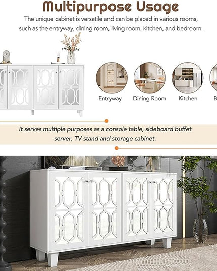 Merax Buffet Cabinet with Adjustable Shelves, 4-door Mirror Hollow-Carved TV stand for Television Up to 65 inches, Multi-functional Console Table with Storage Credenza for Living Room, White - LeafyLoom