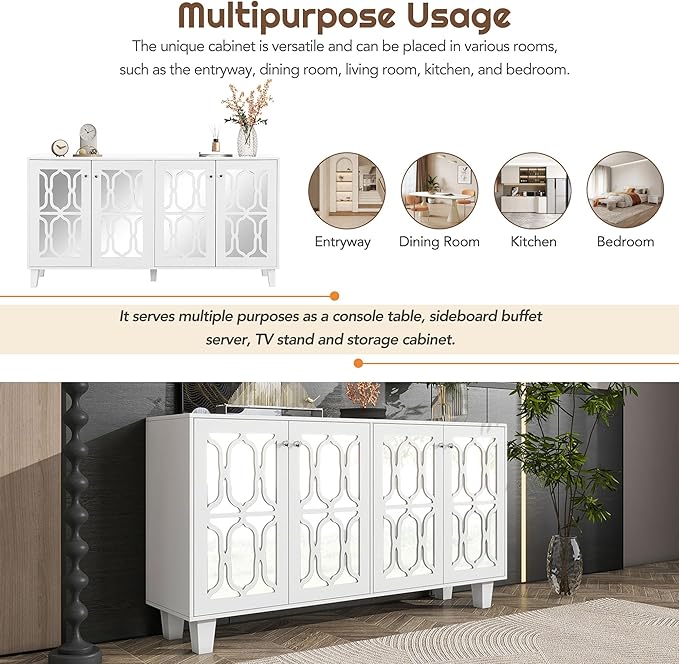 Merax Buffet Cabinet with Adjustable Shelves, 4-door Mirror Hollow-Carved TV stand for Television Up to 65 inches, Multi-functional Console Table with Storage Credenza for Living Room, White - LeafyLoom