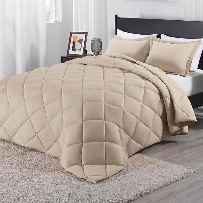 downluxe King Size Comforter Set - Khaki King Comforter Set, 3 Pieces Soft Solid Comforter King Size Set for All Seasons, 1 Lightweight Fluffy Comforter (104"x92") and 2 Pillow Shams - LeafyLoom