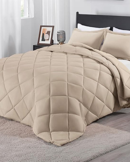 downluxe Queen Comforter Set - Khaki Comforter Set Queen, 3 Pieces Solid Comforter Set Queen Size for All Seasons, 1 Lightweight Fluffy Comforter (88"x92") and 2 Pillow Shams - LeafyLoom