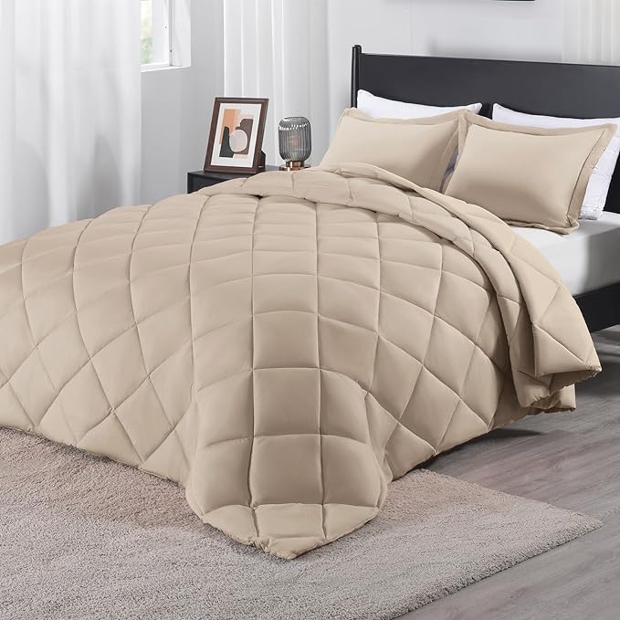 downluxe Queen Comforter Set - Khaki Comforter Set Queen, 3 Pieces Solid Comforter Set Queen Size for All Seasons, 1 Lightweight Fluffy Comforter (88"x92") and 2 Pillow Shams - LeafyLoom