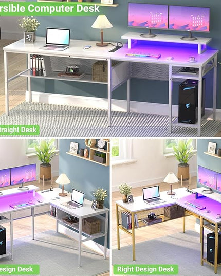 Unikito Reversible L Shaped Desk with Power Outlets and Smart LED Light, 55 Inch Computer Office Desk, Unique Grid Design, Corner Writing Gaming Table with Monitor Stand and Storage Shelf, White - LeafyLoom