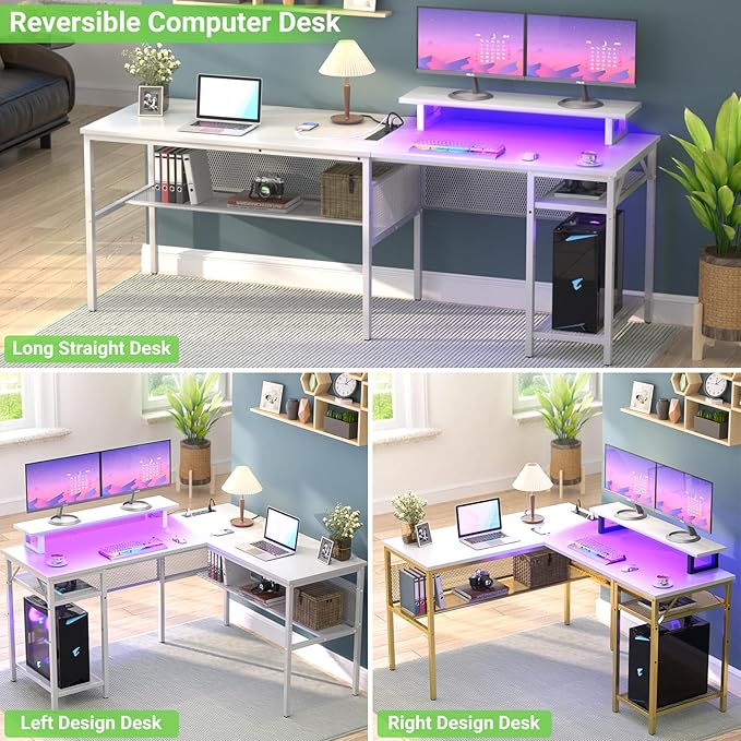 Unikito Reversible L Shaped Desk with Power Outlets and Smart LED Light, 55 Inch Computer Office Desk, Unique Grid Design, Corner Writing Gaming Table with Monitor Stand and Storage Shelf, White - LeafyLoom