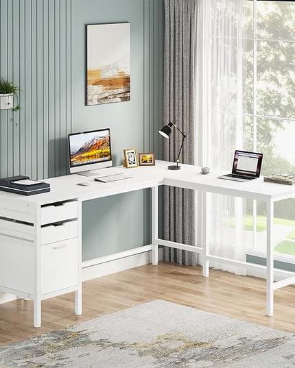 Tribesigns L Shaped Desk with File Drawer Cabinet, 59 Inch Corner Desk L Shaped Computer Desk with Drawers, PC Table Writing Desk for Home Office, White - LeafyLoom