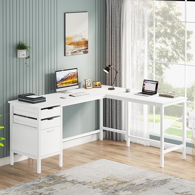 Tribesigns L Shaped Desk with File Drawer Cabinet, 59 Inch Corner Desk L Shaped Computer Desk with Drawers, PC Table Writing Desk for Home Office, White - LeafyLoom