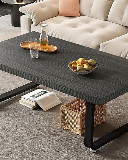 HSH Coffee Table, Industrial Wooden Coffee Table, Modern Minimalist Rectangular Center Table for Living Room, Wood and Metal Legs Cocktail Tea Table for Bedroom Home Office, Dark Gray Oak, 47 Inch - LeafyLoom