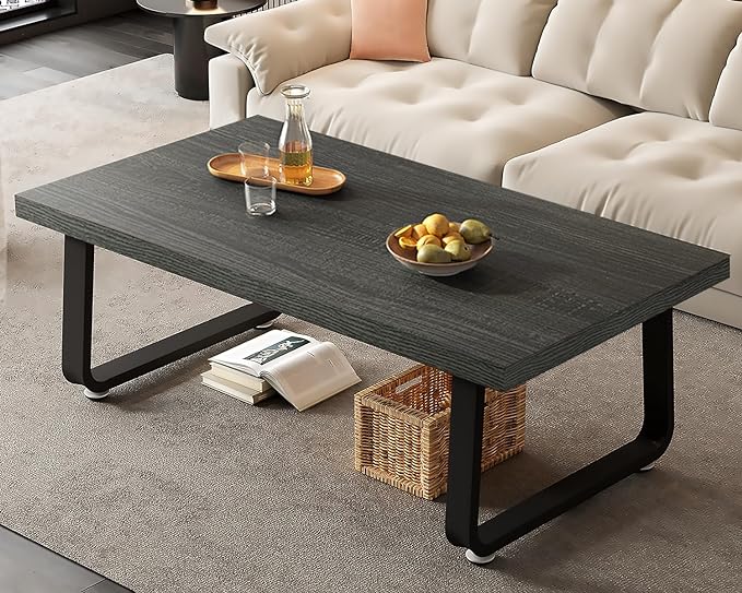 HSH Coffee Table, Industrial Wooden Coffee Table, Modern Minimalist Rectangular Center Table for Living Room, Wood and Metal Legs Cocktail Tea Table for Bedroom Home Office, Dark Gray Oak, 47 Inch - LeafyLoom