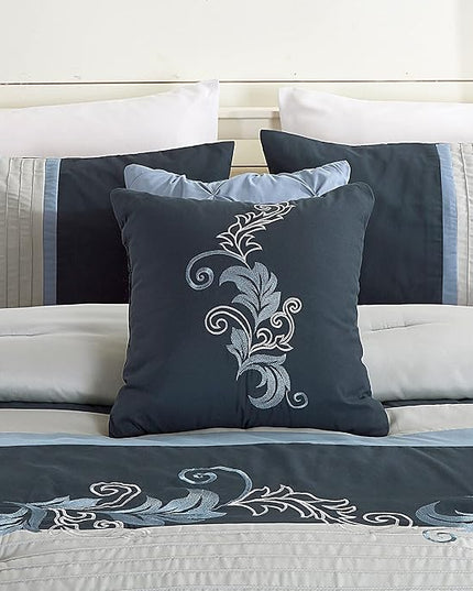 Chezmoi Collection Napa 7-Piece Luxury Autumn Leaves Scroll Embroidery Bedding Comforter Set (King, Navy/Blue/Gray) - LeafyLoom