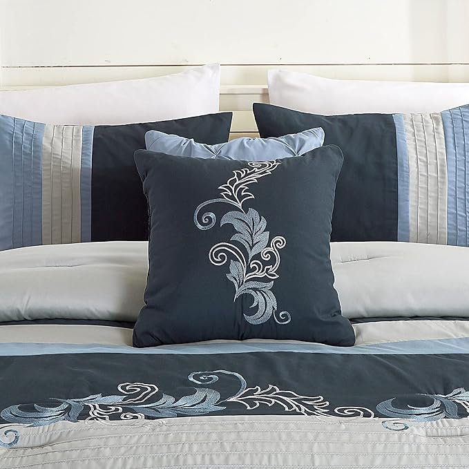 Chezmoi Collection Napa 7-Piece Luxury Autumn Leaves Scroll Embroidery Bedding Comforter Set (King, Navy/Blue/Gray) - LeafyLoom