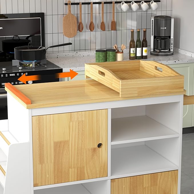 NSdirect Kitchen Island with Storage,Rolling Kitchen Island on Wheels Portable cart Rolling with Spice Racks Towel Holder Utility Trolley with Wood Tray for Home Hotel Kitchen Dinning Room,White - LeafyLoom