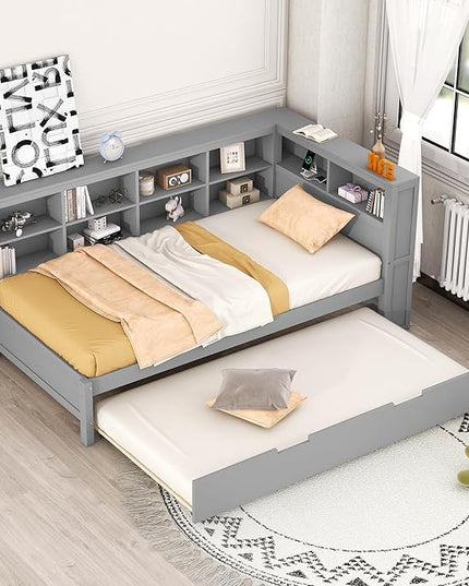 Wooden Twin Size DayBed with L-Shaped Bookcase Headboard and Trundle, Wood Twin Day Bed Frame with Storage Shelf and USB Charging Ports for Living Room Bedroom, Gray - LeafyLoom