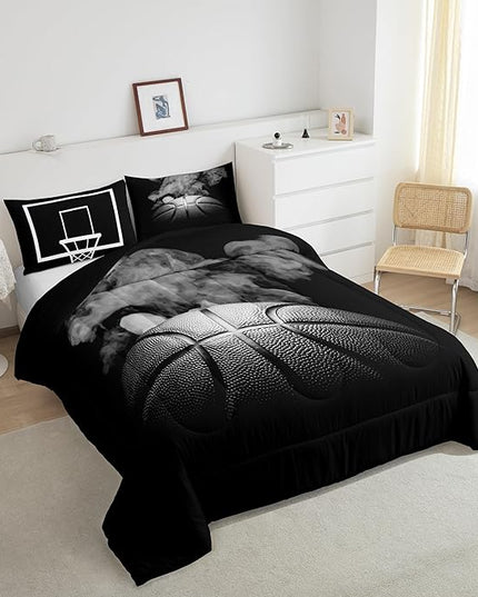 Erosebridal Basketball Comforter Set for Boys Teen King Size Sports Basketball Bedding Set Basketball Room Decor Reversible Black Down Comforter Grey Hippie Smoke Quilt Duvet Insert 2 Pillow Case - LeafyLoom