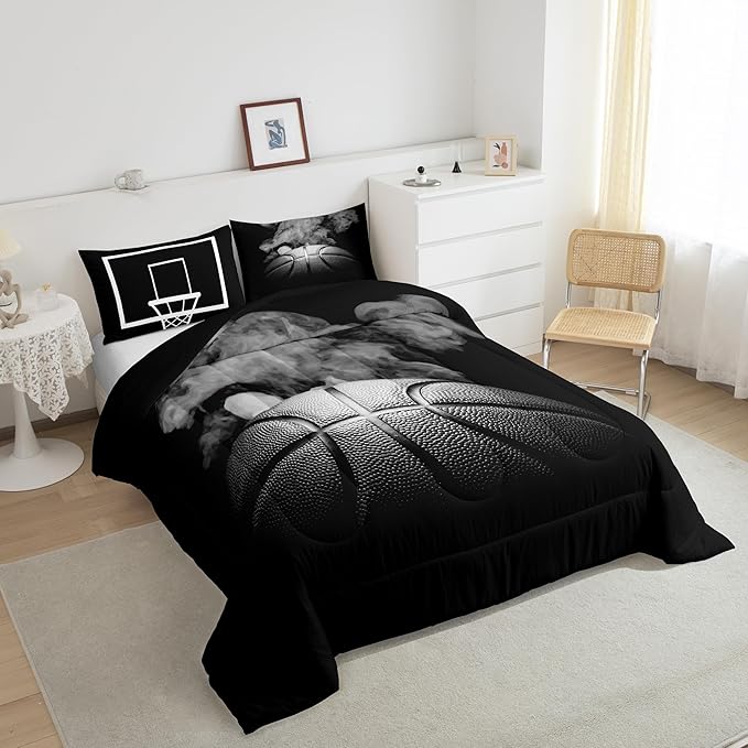 Erosebridal Basketball Comforter Set for Boys Teen King Size Sports Basketball Bedding Set Basketball Room Decor Reversible Black Down Comforter Grey Hippie Smoke Quilt Duvet Insert 2 Pillow Case - LeafyLoom