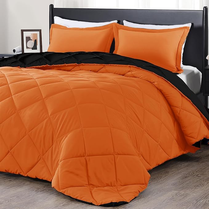 downluxe Full Size Comforter Set - Orange and Black Full Comforter - Soft Bedding Sets for All Seasons -3 Pieces Comforter Set Full with 2 Reversible Pillow Shams - LeafyLoom