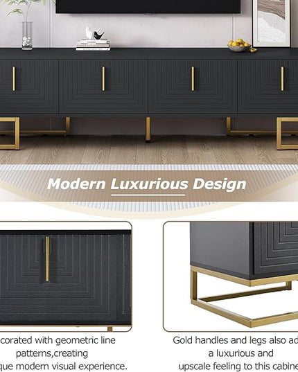 Merax Modern Stand with Metal Legs, Gold Handles, Geometric Lines and Adjustable Shelves for TVs Up to 80'' Media Console Table, Luxury Storage Cabinets for Living Room, 70.8" length, Black - LeafyLoom