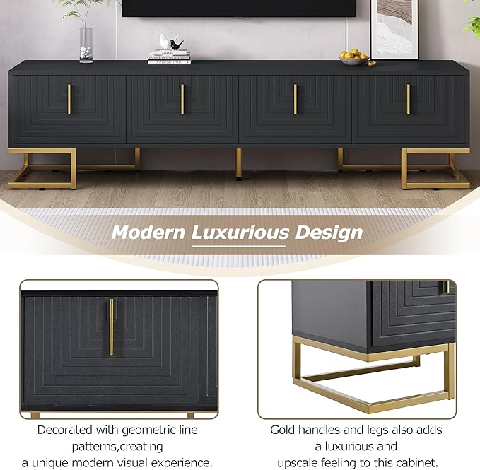 Merax Modern Stand with Metal Legs, Gold Handles, Geometric Lines and Adjustable Shelves for TVs Up to 80'' Media Console Table, Luxury Storage Cabinets for Living Room, 70.8" length, Black - LeafyLoom