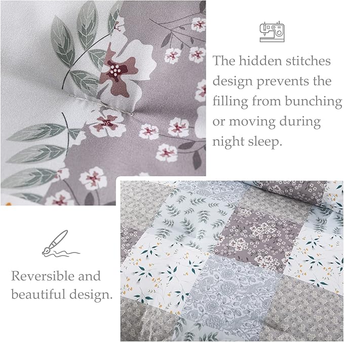 Whale Flotilla Queen Full Comforter Set, Soft Reversible Grey Bedding Comforter Set with Boho Pattern, 1 Micoriber Patchwork Comforter and 2 Pillow Shams, 3 Pieces - LeafyLoom