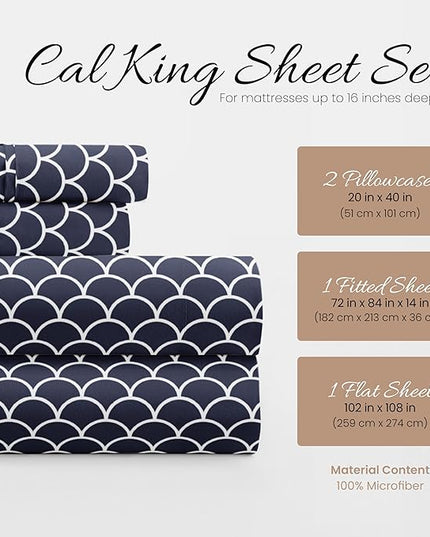 4 Piece California King Bedding Sheet Set (Navy Scallops) - Sleep Better Than Ever with These Ultra-Soft & Cooling Bed Sheets for Your Cal King Size Bed - Deep Pocket Fits 16" Mattress - LeafyLoom