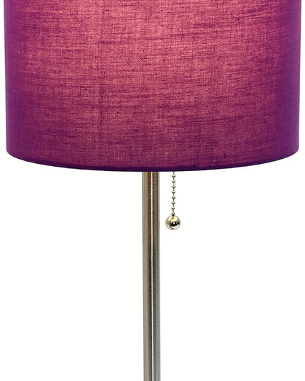 Simple Designs LT1144-PRP Sleek and Slender Brushed Steel Table Lamp with Charging Outlet, for Bedroom, Living Room, Entryway, Office, Dining Room, Study, Purple Shade - LeafyLoom