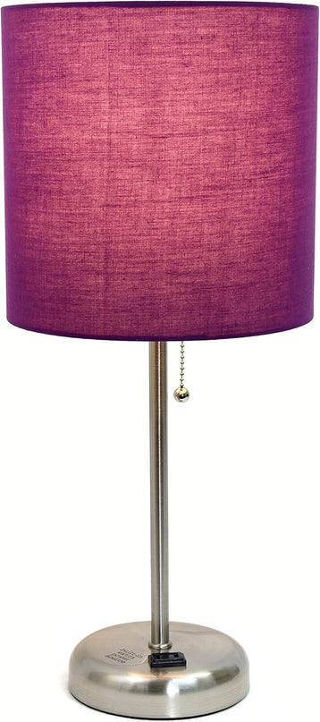 Simple Designs LT1144-PRP Sleek and Slender Brushed Steel Table Lamp with Charging Outlet, for Bedroom, Living Room, Entryway, Office, Dining Room, Study, Purple Shade - LeafyLoom