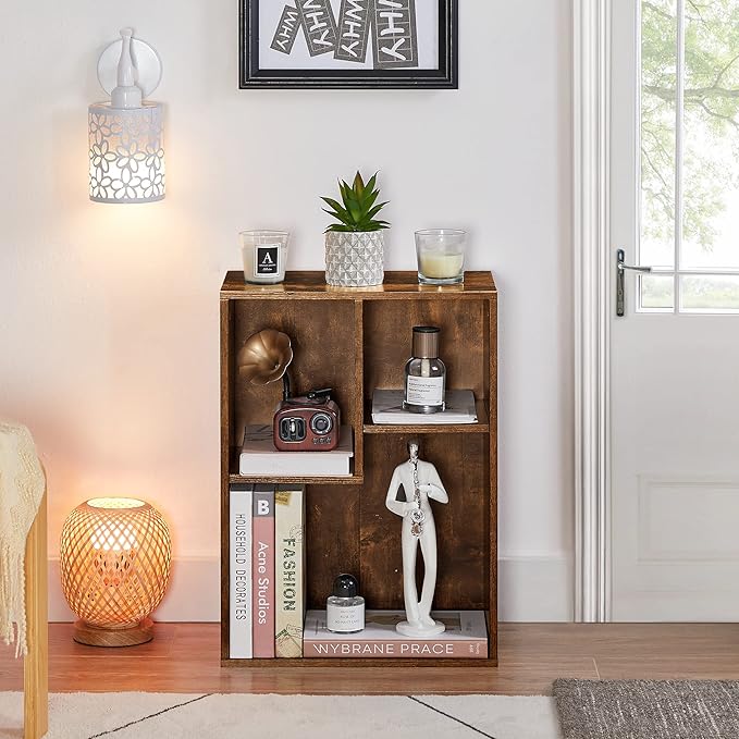 VECELO Small Bookshelf, 3 Cube Shelf, Fits Tallest Hardcovers, Horizontal Available, Short Bookcase for Small Spaces, Vintage Brown - LeafyLoom