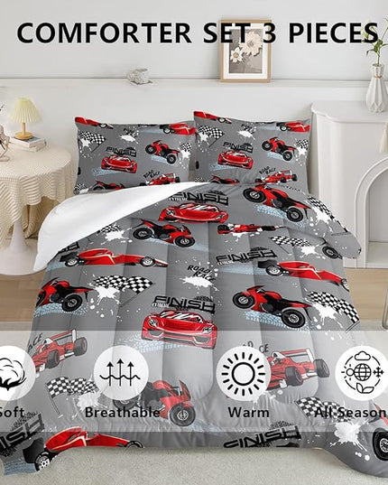 Axolotl Kid Comforter Set Twin Size,Racing Car Bedding Set for Boys Girls Teen Kids Children Car Racing Gifts,Race Cars Quilt Bed Set with 1 Comforter 2 Pillowcases,Red Grey - LeafyLoom