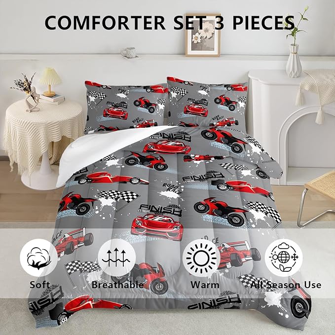 Axolotl Kid Comforter Set Queen Size,Racing Car Bedding Set for Boys Girls Teen Car Racing Gifts,Race Cars Quilt Bed Set with 1 Comforter 2 Pillowcases,Red Grey - LeafyLoom