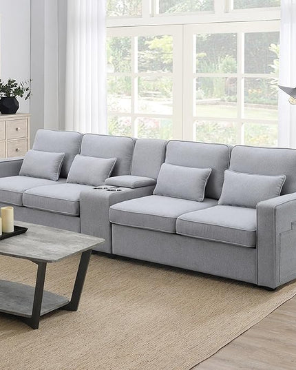 114" Modern Sofa, 4-seat Couch with Console, 2 Cupholders and 2 USB Ports Wired or Wirelessly Charged and 4 Pillows for Living Room, Apartment, 114.2inch, Light Gray - LeafyLoom