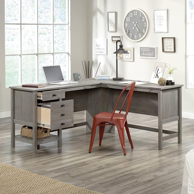 Sauder Cottage Road L-Desk, L: 65.12" x W: 58.66" x H: 29.76", Mystic Oak finish - LeafyLoom