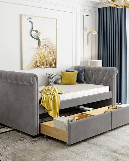 Twin Size Velvet Upholstered Daybed with Trundle and Two Armrests,Storage Wonden Bed Frame,W/Drawer,Wood Slat Support,for Apartment,Bedroom,Living Room,No Box Spring Needed,Gray - LeafyLoom