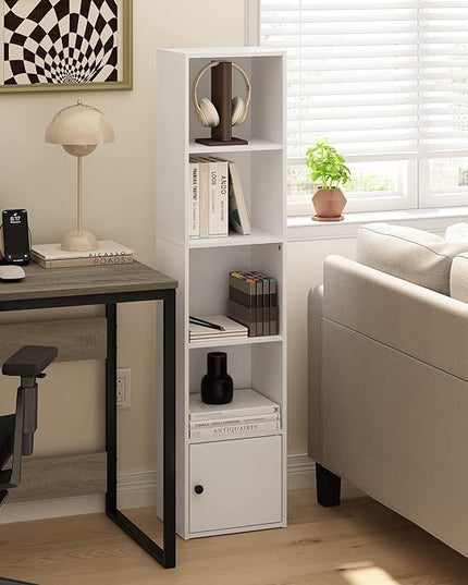Furinno Luder Shelf Bookcase with 1 Door Storage Cabinet, White, 5-Cube with Cabinet - LeafyLoom
