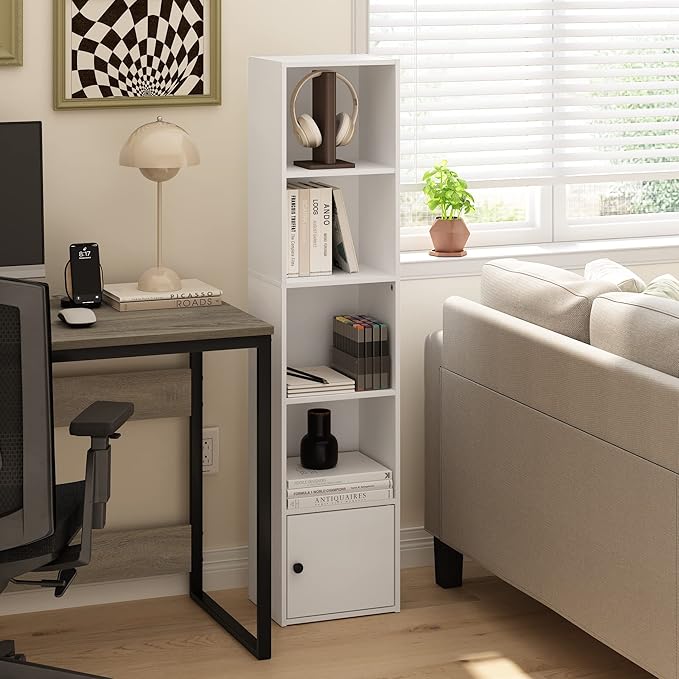 Furinno Luder Shelf Bookcase with 1 Door Storage Cabinet, White, 5-Cube with Cabinet - LeafyLoom