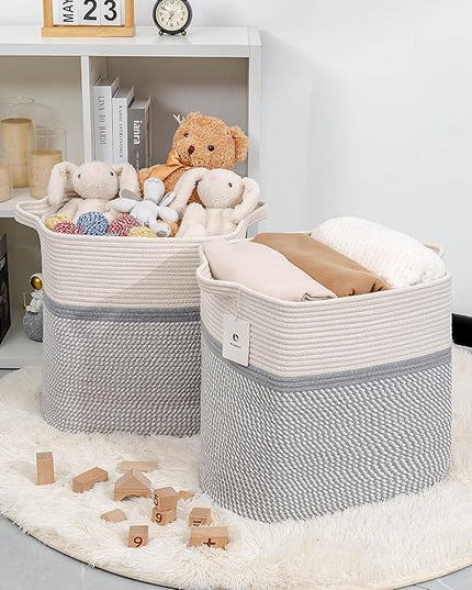 Rectangle Woven Baskets for Storage, Cotton Basket Large Blanket Basket, Laundry Nursery Rope Basket Living Room, Toy Storage Tall Laundry For Organizing, Large Baskets Clothes Collapsible - LeafyLoom