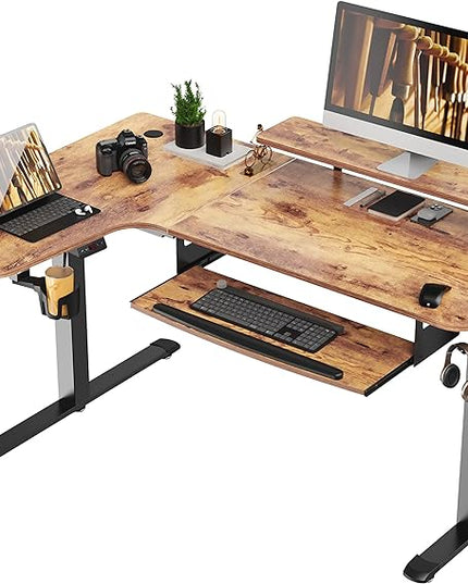 EUREKA ERGONOMIC Standing Desk with Keyboard Tray, Computer Desk, 61" L Shaped Electric Adjustable Height Desk w Monitor Stand LED, Corner Sit Stand Desk Gaming Desk, Dual Motor,Left/Rustic Brown - LeafyLoom