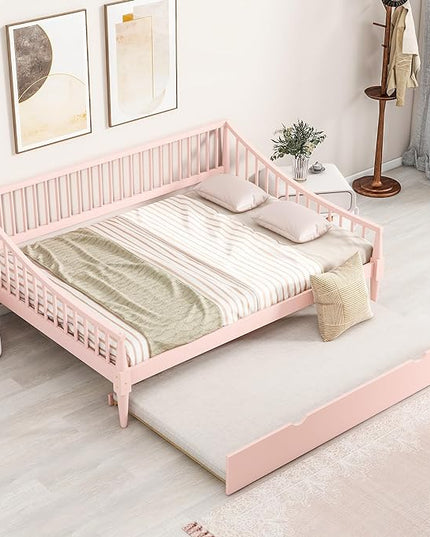Full Size Daybed with Hideaway Trundle and Support Legs,Multi-functional Wood Bed Frame,W/Rails Three Sides,Easy to Assemble,for Bedroom,Living Room,Apartment,Pink - LeafyLoom