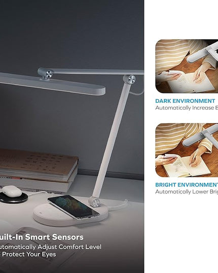 MOMAX LED Desk Lamp with 15W Wireless Charger, Eye-Caring Q.Led Table Lamp with Light Sensor, 1000 Lumens, 10W USB Port, Foldable & Rotatable, Desk Light for Home Office, Reading, Studying (White) - LeafyLoom