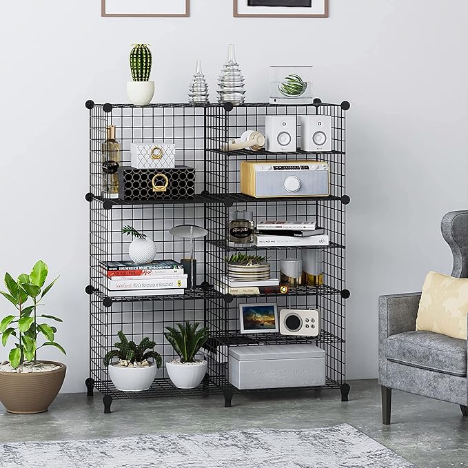 Wolizom Wire Cube Storage, Metal Grids Shelves Bookshelf, Stackable Modular Shelving Organizer, DIY Closet Bookcase Bookshelf, Grid Storage Shelf for Bedroom, Living Room, Office (Black, 3+6 Cube) - LeafyLoom