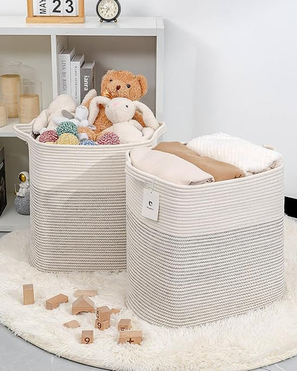 Cloth Large Blanket Basket,Storage Basket Bins Rectangle Small Woven Baskets for Storage, Nursery Cotton Rope Basket Living Room, Toy Basket For Organizing, Clothes Laundry Baskets set of 2 - LeafyLoom
