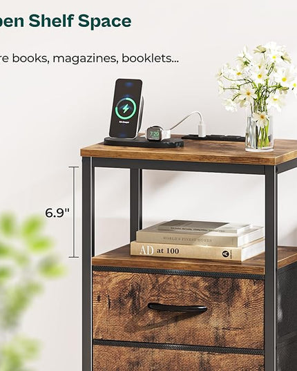 Nightstand with Charging Station, Side Table with Fabric Drawers, End Table with Open Shelf, Bedside Table with USB Ports and Outlets, Night Stand for Bedroom, Rustic Brown - LeafyLoom