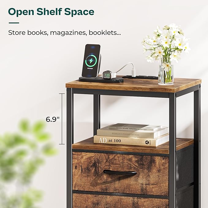 Nightstand with Charging Station, Side Table with Fabric Drawers, End Table with Open Shelf, Bedside Table with USB Ports and Outlets, Night Stand for Bedroom, Rustic Brown - LeafyLoom