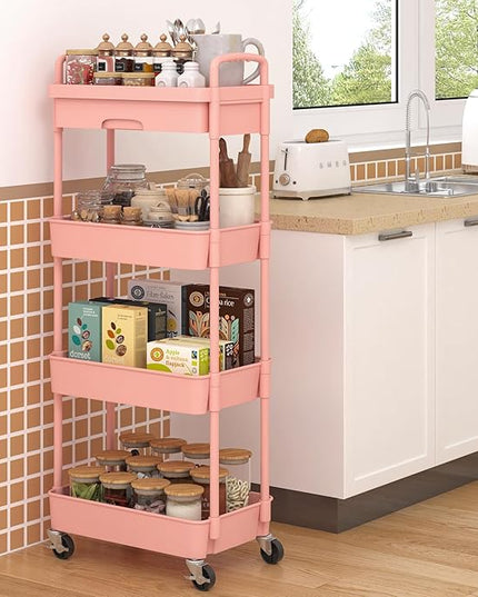 4-Tier Rolling Cart，Trolley with Drawer, Kitchen Storage Organizer with Plastic Shelf & Metal Wheels, Storage Cart for Living Room, Kitchen, Office, Bathroom, Pink - LeafyLoom