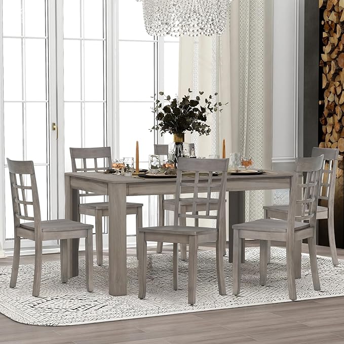 COLAMY Wooden Dining Chairs Set of 4, Nine-Square High Back Kitchen Side Chair, Farmhouse Dining Chairs for Kitchen and Dining Room, Light Grey - LeafyLoom