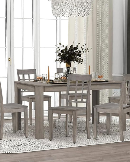COLAMY Wooden Dining Chairs Set of 6, Nine-Square High Back Kitchen Side Chair, Farmhouse Dining Chairs for Kitchen and Dining Room, Light Grey - LeafyLoom