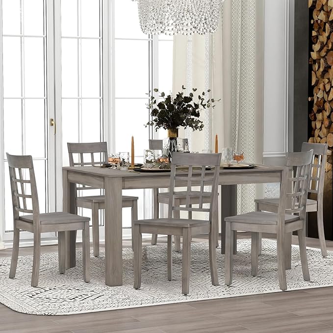 COLAMY Wooden Dining Chairs Set of 6, Nine-Square High Back Kitchen Side Chair, Farmhouse Dining Chairs for Kitchen and Dining Room, Light Grey - LeafyLoom