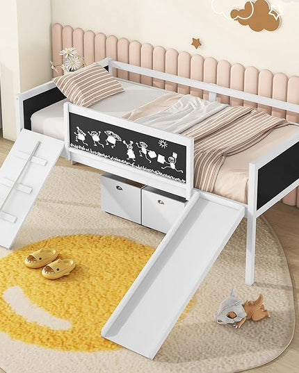 Twin Size Low Loft Bed with Slide and 2 Storage Boxes,Kids Low Loft Bed Frame with Climbing and Chalkboard,Solid Loft Bed Twin for Boys,Girls,White - LeafyLoom